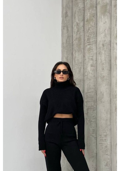 Neşeli Butik Kadın Siyah Fitilli Balıkçı Yaka Alt Üst Triko Takım Nbdm1215