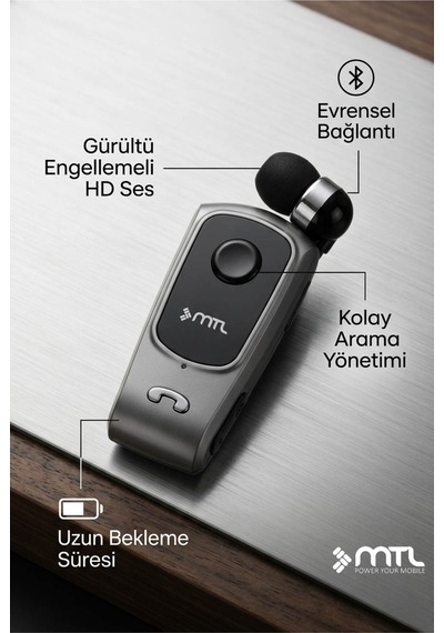 Yaka Klipsli Mono Makaralı Bluetooth Kulaklık Çift Telefon Destekli Mt920