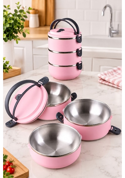 3 Katlı Yeni Nesil Sefer Tası Lunch Box Beslenme Kabı Paslanmaz Çelik 1800 Ml Pudra Pembe