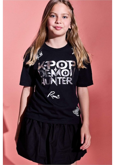 Defacto Kpop - Demon Hunters Relax Fıt Bisiklet Yaka Kısa Kollu Tişört Kız Çocuk H7317a826smbk81 Siyah-bk81