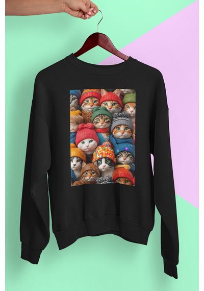 Magors Stıl-x Sevimli Kediler Baskılı Unısex Bisiklet Yaka Oversize Sweatshırt Siyah-1