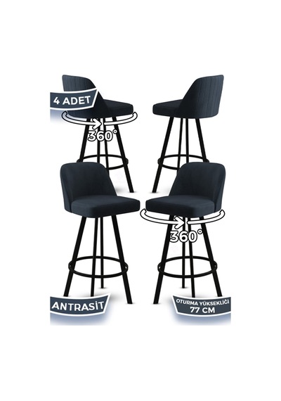 Canisa Atex Serisi 4 Adet Antrasit Sandalye 360 C Döner Bar Sandalyesi Babyface Kumaş Siyah Metal Ayaklı Sandalye Antrasit Ayaklar Siyah