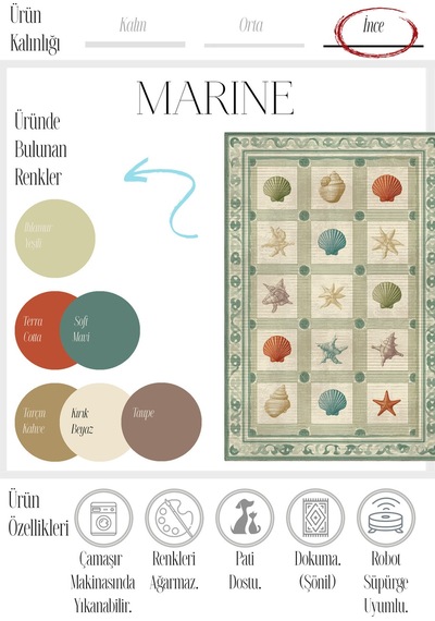 Marine 91 Yeşil Kareli Deniz Ürünleri Tasarımı Yıkanabilir Modern Oturma Odası İnce Oda Salon Halısı