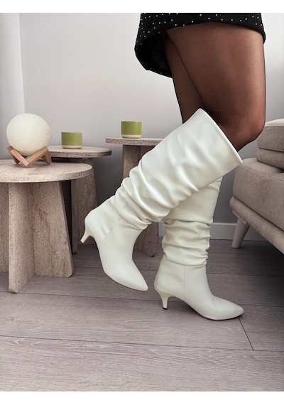Asmi Shoes Kadın Oslo Topuklu Körüklü Şık Tarz Günlük Rahat Çizme Beyaz Beyaz