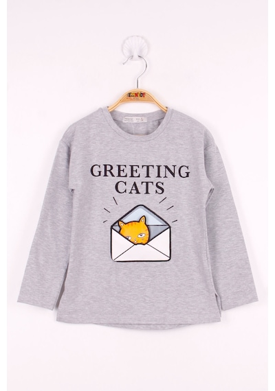 Toontoy Kids Toontoy Kız Çocuk Kedi Baskılı T-shirt Gri Melanj