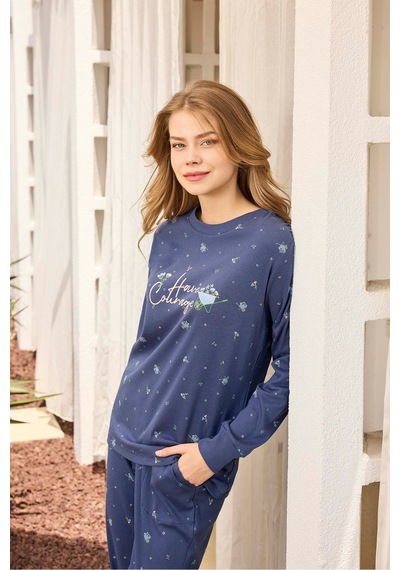 Aydoğan Kadın Lavin Ribana Manşetli Mavimsi Mor Koton Pijama Takım 0534 Mavi