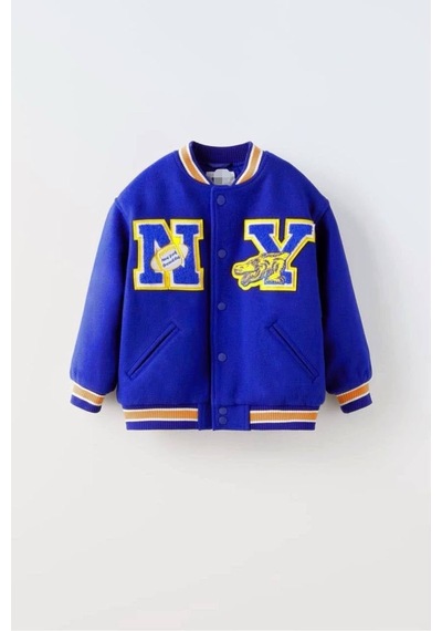 Ponki Unisex Çocuk Saks Mavi Ny Nakışlı Kolej Ceket