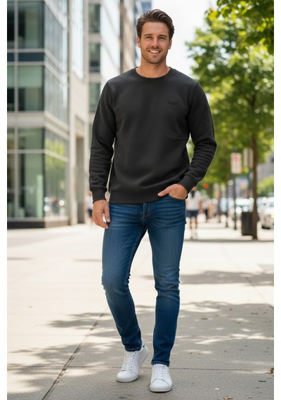 Remsa Erkek İçi Şardonlu Bisiklet Yaka Pamuklu Sweatshirt 0319 Siyah Siyah