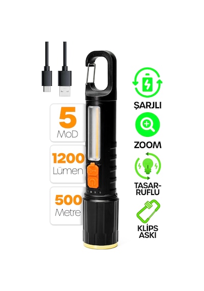 Şarjlı El Feneri 5 Mod Karabina Askılı Cob Led Kamp Lambası Acil Durum Işığı 7149 Siyah