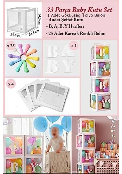 Bkmc Lüks 33 Parça Baby Yazılı Şeffaf Beyaz Kutu Balon Set, Baby Balon Kutusu Bebek Çocuk Doğum Günü Süsü Bmc Genel