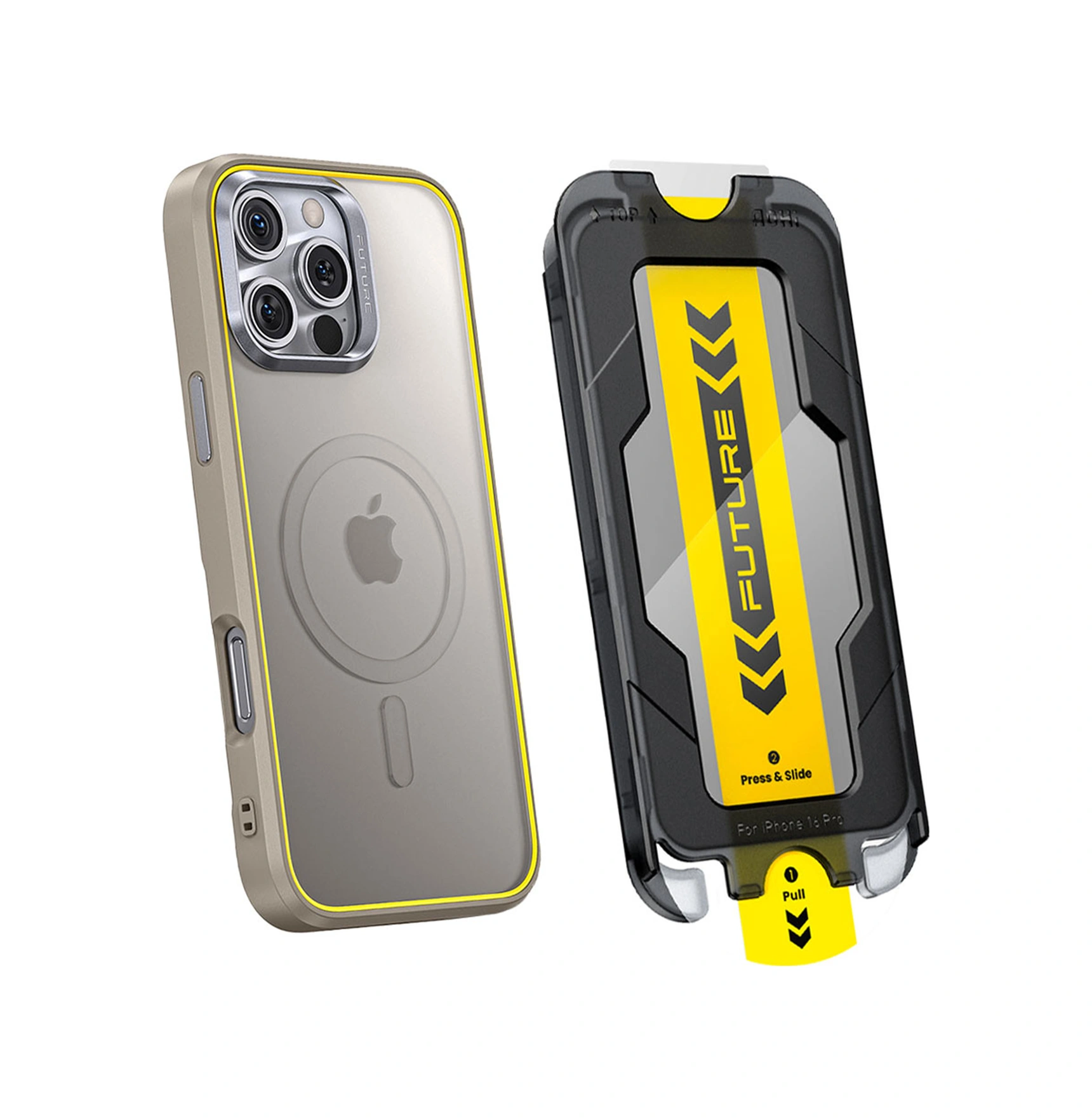 Aohi The Future Apple Uyumlu iPhone 16 Pro Kılıfı Desert Titanium, Tam Kaplayan Kırılmaz Temperli Camlı Koruma Bej