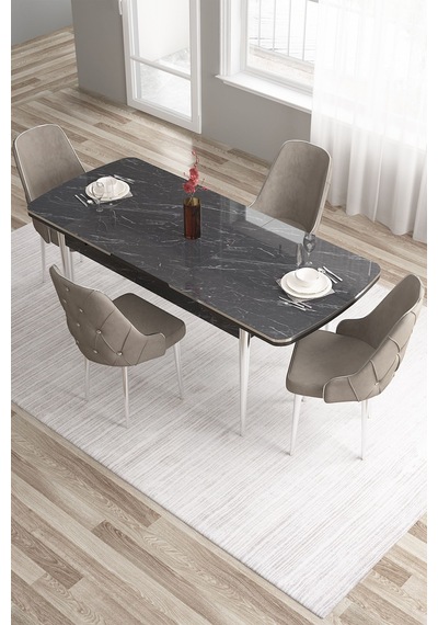 Canisa Tia Serisi 80x132 Açılabilir Mdf Siyah Mermer Desen Krom Detay Masa Takımı Ve 4 Cappucino Sandalye Masa Siyah Mermer Desen Sandalye Cappucino Canisa Tia Serisi 80x132 Açılabilir Mdf Siyah Mermer Desen Krom Detay Masa Takımı Ve 4 Cappucino Sandalye Masa Siyah Mermer Desen Sandalye Cappucino