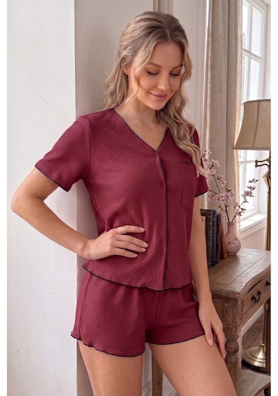 Bella Notte Bordo Kısa Kollu V Yaka Biye Detaylı Pijama Takımı