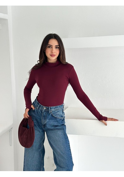 Kadın Yarım Balıkçı Yaka Parmak Geçmeli Full Likralı Buzz Body Bordo