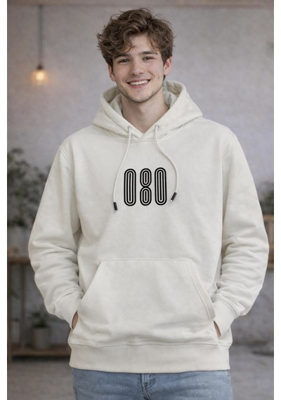 Starzone Kapüşonlu 080 Tasarım Baskılı Sweatshirt Beyaz
