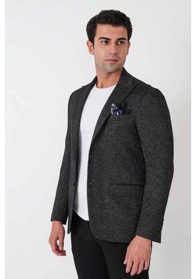 Slim Fit Sivri Yaka Çift Yırtmaçlı Esnek Yünlü Siyah Ceket C 746