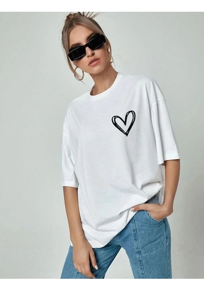 Kadın Tişört Bisiklet Yaka Baskılı Oversize T-shirt - Beyaz