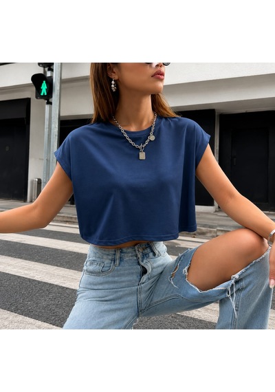 Bonnywıll Bonnywılll Bisiklet Yaka Düşük Kol Crop T-shırt Lacivert