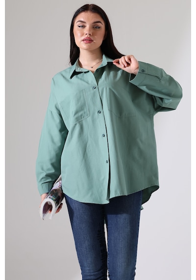 Yeni Sezon Poplin Kumaş Çift Cepli Oversize Pamuklu Kadın Tunik Gömlek Yeşil