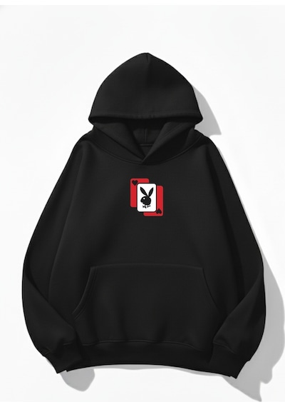 Uyguntarz Unisex Yumuşak Dokulu Playboy Baskılı Tasarım Oversize 3 İplik Hoodie Sweatshirt siyah