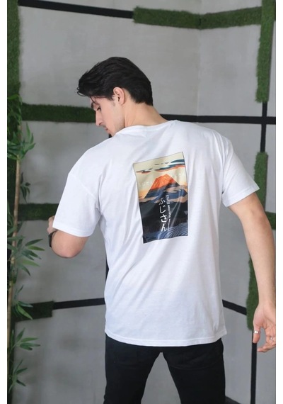 Moda Assema Erkek Bisiklet Yaka Baskılı Kısa Kol Oversize T-shirt - Beyaz Çok Renkli