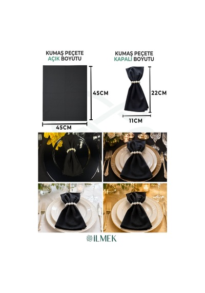Kumaş Peçete 50'li Paket Peçete Halka Hediyeli Tam 100 Parça Siyah Siyah