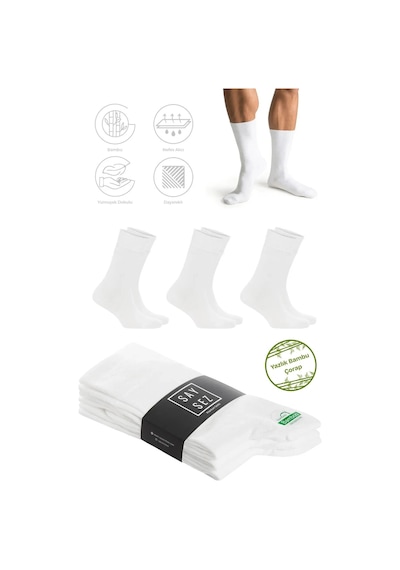 Saysez Bambu Erkek Soket Yazlık Uzun Düz Beyaz Çorap Dikişsiz Premium Paket 3'lü / Yıkamalı Soft Çorap Beyaz