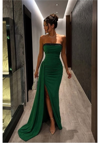 DefyModa Kadın Şık Dik Yaka Payetli Maxi Uzun Kollu Abiye Elbise Zümrüt