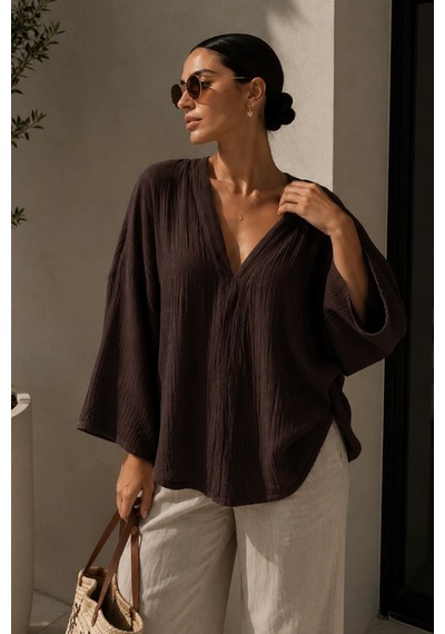 Bbbutikbasic Kadın Müslin Oversize Bluz Salaş Kesim Yazlık Basic Ceket My3535 Kahverengi