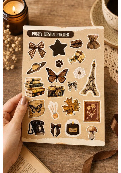 Kahverengi Sticker Seti Vintage Ayıcık Kitap Kahve Çiçek Estetik Etiket-4 Sayfa-90 Adet-kalın Kuşe K