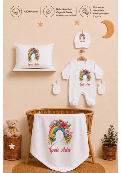 Pia Baby Kız Bebek Hastane Çıkışı 5 Parça Tulum Seti %100 Pamuk İsme Özel Organik Baskılı 1005tybyx Ekru