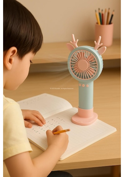 Geyik Boynuzlu Mini El Fanı, 20 Cm Taşınabilir Şarjlı Masaüstü Fan, Tek Kademeli Hız, Kompakt F