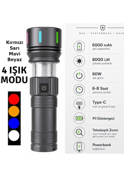 8000 Lümen 80 Watt Güçlü El Feneri - 4 Ledli Kırmızı Beyaz Mavi Sarı Gp-284 Gri
