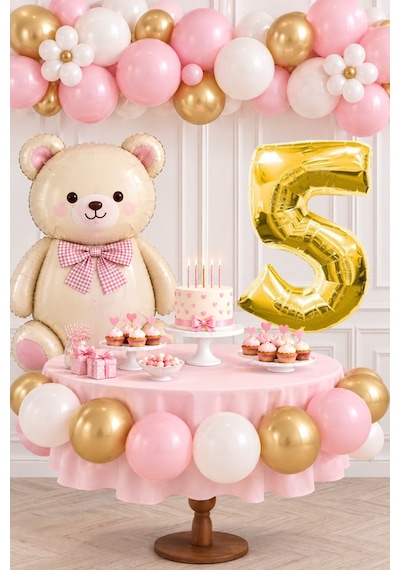 5 Yaş Retro Papyonlu Folyo Krem Ayıcık Pembe Gold Beyaz Balon Gold Rakam Doğum Günü Kutlaması Altın - Krem