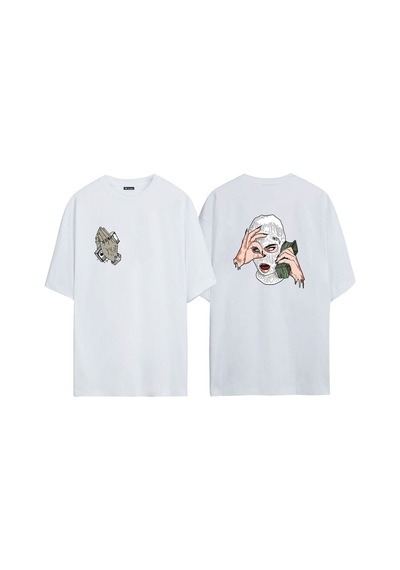 Thewert Unisex Mask Baskılı Beyaz Oversize Tshirt