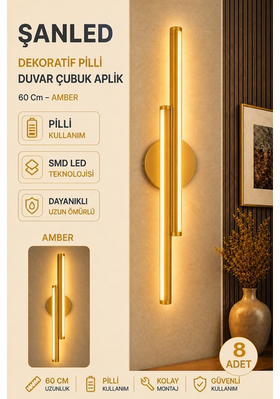 Dekoratif 20w İç Mekan Gold Kasa Amber Işık 60 Cm Duvar Aplik Pilli 8 Adet