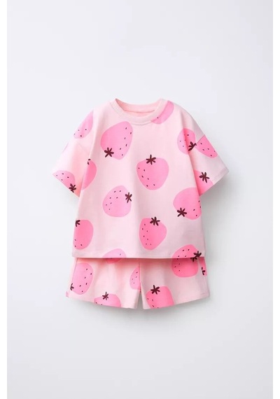 Magu Kız Çocuk Pamuklu Pembe Çilek Desenli T-shirt Şort Takım