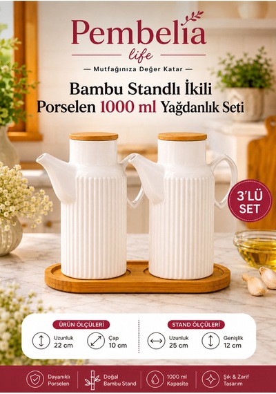 Bambu Standlı 2 Li 1000 Ml Prizma Porselen Ayçiçek Yağı Zeytin Yağı Takımı 3 Parça Yağdanlık Set Beyaz Beyaz