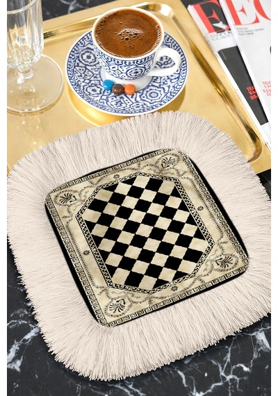 Damalı Eskitme Motifli Püsküllü Sunum Peçetesi - Vintage Siyah Krem Bardak Altlığı Sunum Mendili