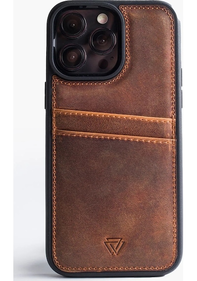 Zawa Apple İphone 16 Pro Uyumlu Suni Deri Kartlık Arka Koruma Kılıf - Kahverengi Koyu
