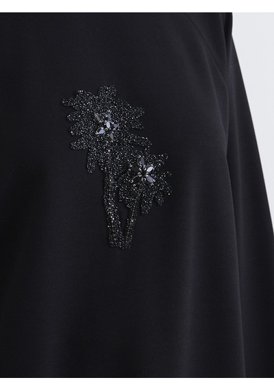 Lcw Modest Siyah Bisiklet Yaka Boncuk İşlemeli Kadın Sweatshirt Tunik