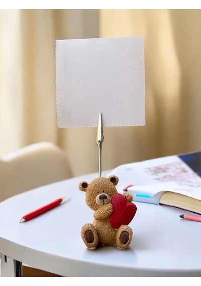 Sevimli Kalp Kucaklayan Ayı Fotoğraf Not Tutacağı Ofis Masası Tutucu Hediyelik Tutacak Kahve