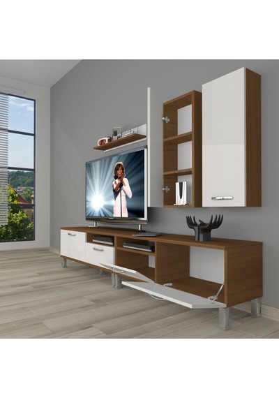 Decoraktiv Eko 5220d Mdf Krom Ayaklı Tv Ünitesi Tv Sehpası Ceviz - Beyaz
