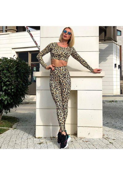 Lismina Leopar Desen Ekstra Yüksek Bel Toparlayıcı Spor Tayt Sarı - Siyah