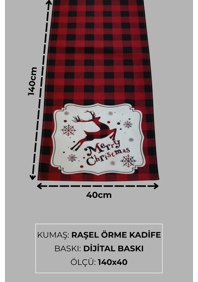 Masa Örtüsü Runner Yılbaşı Temalı Merry Christmas Geyikli 140x40 Raşel Örme Kadife Dijital Baskı Çok Renkli