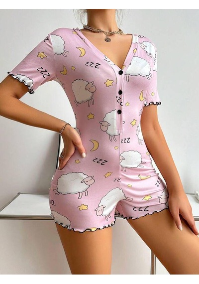 Findit Pamuklu Pembe Kuzu Desenli Düğmeli Uzun Kol Tulum Pijama
