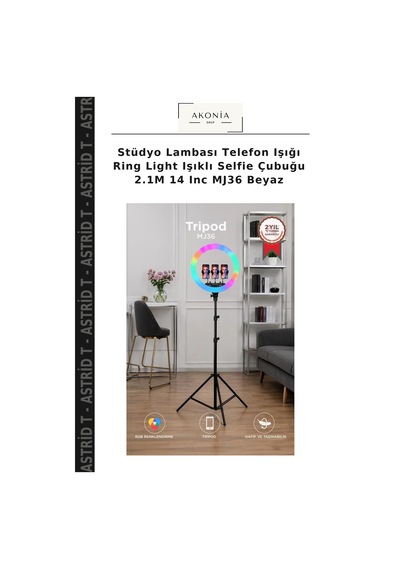 Stüdyo Lambası Telefon Işığı Ring Light Işıklı Selfie Çubuğu 2.1m 14 Inc Mj36 Beyaz