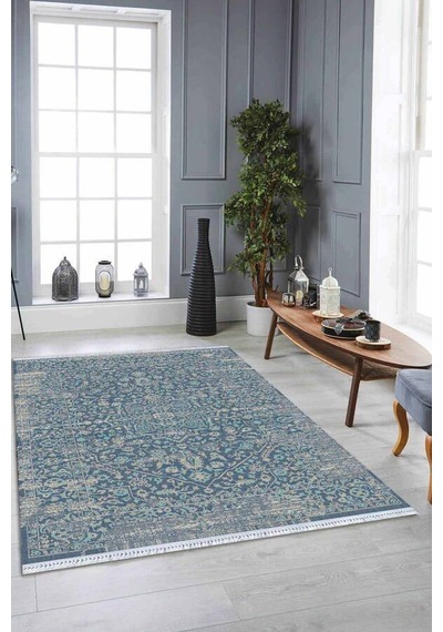 Mavi Vintage Dokuma Pamuk Tabanlı Kaymaz Kilim Klm160n11