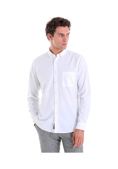 Hatemoğlu Beyaz Comfort Fit Düz 100% Pamuk Düğmeli Yaka Uzun Kollu Casual Oxford Gömlek Beyaz