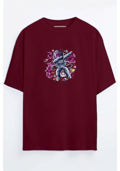 Astronot Baskılı Unisex Siyah - Beyaz - Turuncu - Bej Oversize T-shirt Bordo